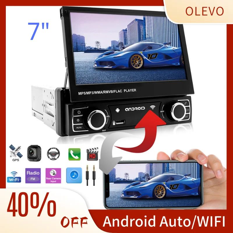 Автомобильный мультимедийный плеер Olevo 1 Din с 7-дюймовым выдвижным экраном Android Auto Radio WIFI GPS Навигация Mirrorlink Камера заднего вида Mp5 Стерео